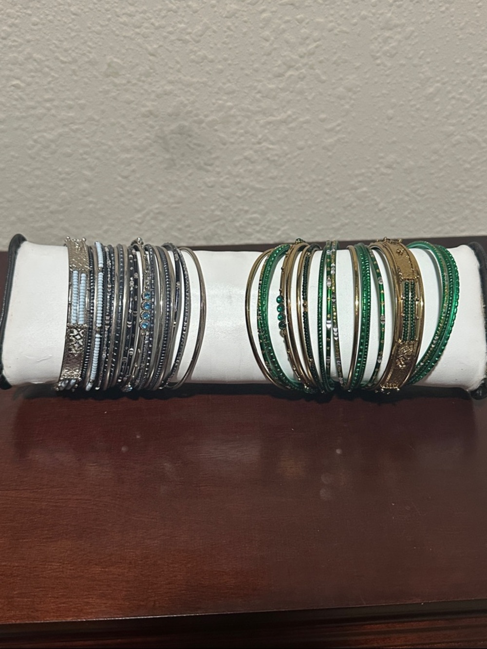 2 sets of Stackable Blue & Silver and Green & Gold Bangle Bracelets - 42 total
